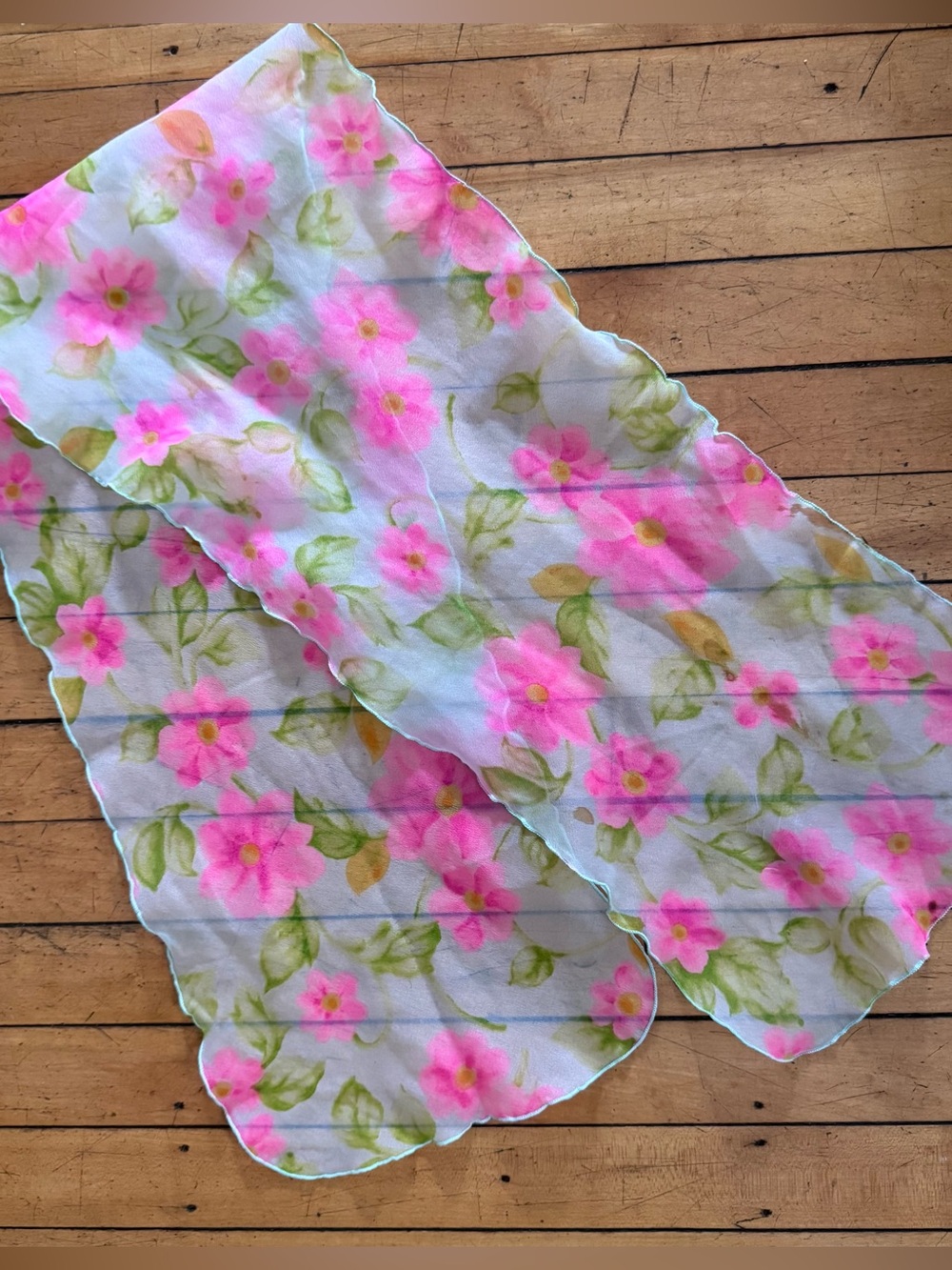 Sheer vintage bright pink white floral long scarf
